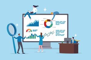 Chart and graph, datum research statistics, inforgraphic financial review, project planning diagram, business information analysis, business people help analyze data on computer monitor dashboard. vector