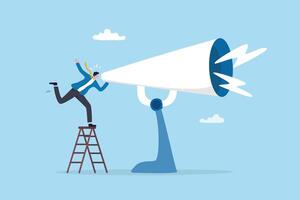 Amplify megaphone, communication voice or advertising message, important announcement loud shouting, broadcast word, message or information concept, businessman shouting on big amplifier megaphone. vector