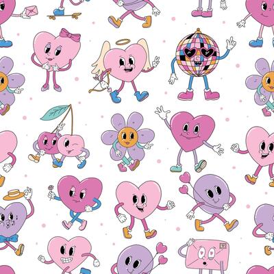 Cartoon retro characters seamless pattern for Valentine's day prints, wallpaper, textile, scrapbooking, stationery, etc. EPS 10