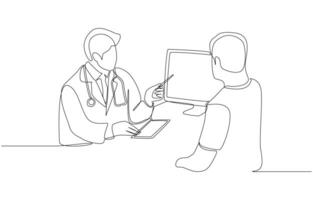 Continuous one line drawing of doctor showing results of health examination to patient, medical service concept, single line art vector