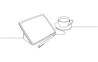 Continuous one line drawing of tablet, stylus pen and cup of coffee on table, graphic design work concept, single line art vector
