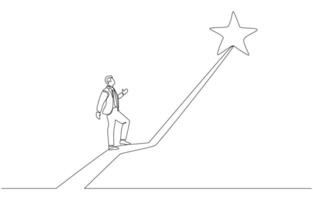 Continuous one line drawing of businessman walking the path to star, career path achievement, job success concept, single line art vector