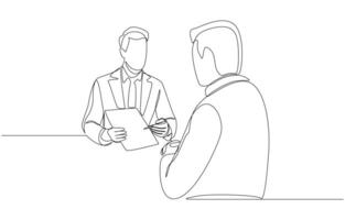 Continuous one line drawing of insurance agent explaining coverage and benefits to customer, getting life insurance concept, single line art vector