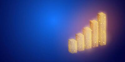 Business graph chart in glowing low poly style on dark blue background, abstract orange bar chart suitable for presentation of economic, marketing, financial and income analysis data. vector