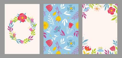 Set of floral templates with hand drawn different flowers. Floral wreath. background, frame. Design for invitation, postcard, poster, business card, flyer vector