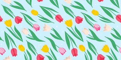 Seamless pattern, background of hand drawn colorful tulips. Flowers in doodle style. Trendy botanical illustration on light background vector