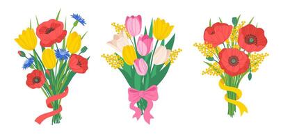 Set of bouquets of colorful spring flowers, tulips and poppies, isolated on white background vector