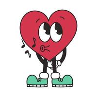 Groovy lovely heart. Cheerful happy heart character whistling a melody in a trendy retro style. vector