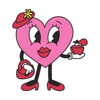 Groovy lovely girl heart. Cheerful happy heart character in a hat with perfume and a handbag in a trendy retro style. vector