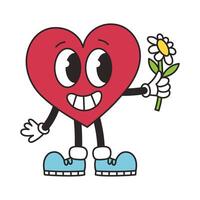 Groovy lovely heart. Cheerful happy heart character with flower in trendy retro style. vector