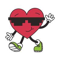 Groovy lovely heart. Cheerful happy heart character in pixel sunglasses in trendy retro style. vector