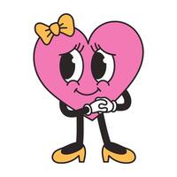 Groovy lovely girl heart. Cheerful happy heart character with bow in trendy retro style. vector