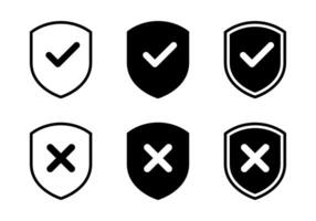 Shield check cross mark icon set collection. Safe and unsafe defense sign symbol vector