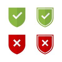 Shield checkmark and cross mark icon in flat design. Defense, protection sign symbol vector