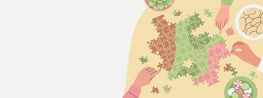 Hands Assembling Colorful Jigsaw Puzzle on Table vector