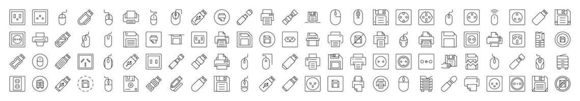 Gadgets Simple Linear Illustrations. Contains Icons of Outlet, Mouse, Memory Card, Printer that Can Be Used for Design of Cards, Posts, Apps, Web Sites vector