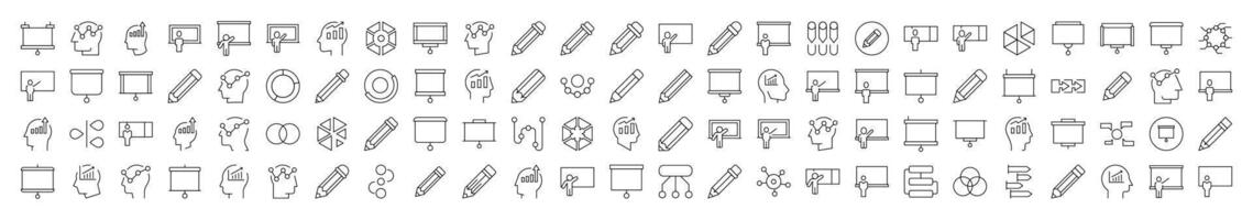 Collection of Line Icons of Presentation, Brainstorm, Pencil, Diagram. Editable Stroke. Minimalistic Linear Pictogram for Design of Cards, Apps, Banners, Posts vector