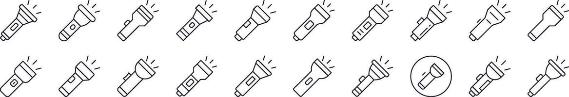 Set of Line Icons of Flashlight. Editable Stroke. Minimalistic Linear Pictogram for Design of Cards, Apps, Banners, Posts vector