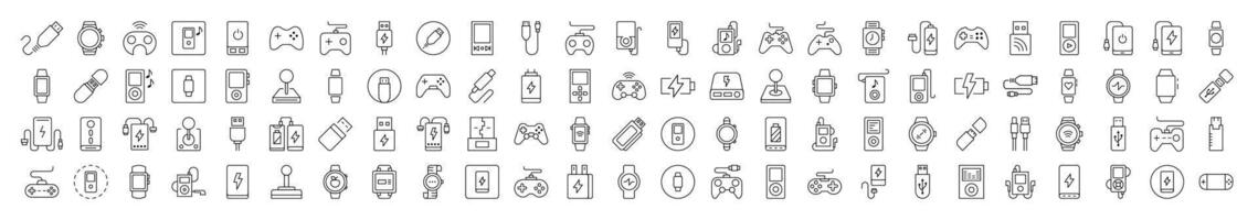 Joystick, Gamepad, Charger, Watch, Flash Card, USB Thin Icons Collection. Editable Stroke. Suitable for Web Sites, Books, Cards, Apps vector