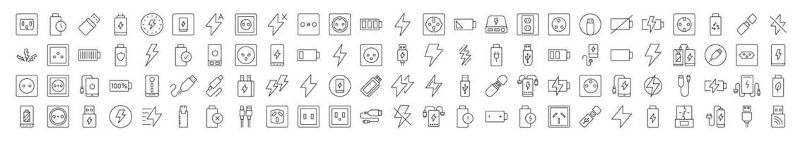 Pack of Energy Related Line Icons. Editable Stroke for Design, Web Sites, Apps, Cards. Contains Linear Images of Battery, USB Cable, Charger, Outlet vector