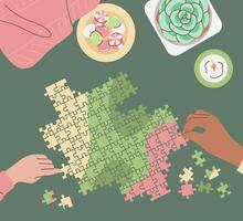 Hands Solving Jigsaw Puzzle with Cozy Setup vector