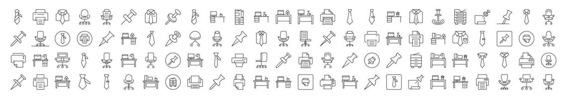 Office Line Icon Collection. Modern Collection for Design, Web Sites, Apps, Cards. Contains Linear Images of Push Button, Tie, Workspace vector