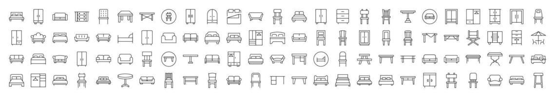 Set of Line Icons of Couch, Sofa, Table, Chair. Editable Stroke. Minimalistic Linear Pictogram for Design of Cards, Apps, Banners, Posts vector