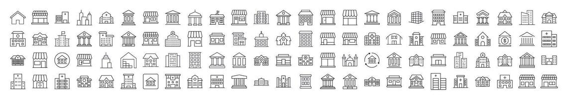 Various Houses and Constructions Line Icon Bundle. Modern Collection for Design, Web Sites, Apps, Cards. Contains Linear Images of Apartment Buildings, Banks, Stores, Hospitals vector