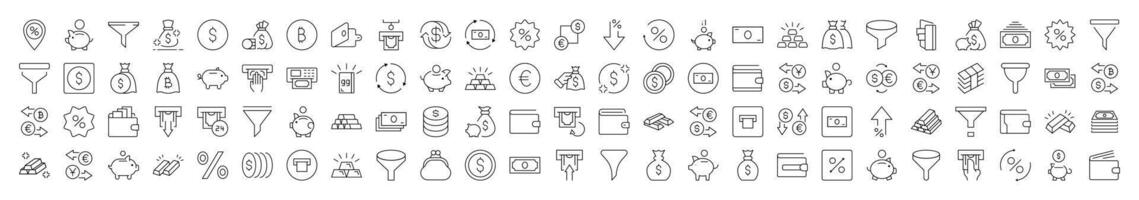 Money Exchange, Currency, Wallet, Bank, Funnel Related Icon Set. Editable Stroke. Suitable for Web Sites, Books, Cards, Apps vector