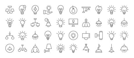 Light Bulbs, Lamps, Chandeliers Outline Simple Linear Image Collection. Editable Stroke. Suitable for Web Sites, Books, Cards, Apps vector