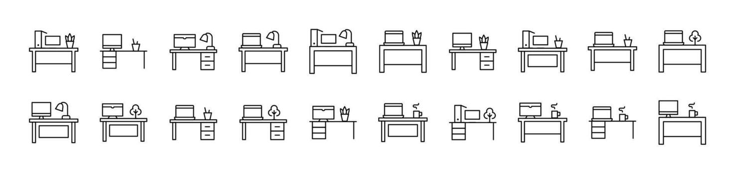 Computer on Table Simple Isolated Line Icons Collection. Editable Stroke. Suitable for Web Sites, Books, Cards, Apps vector