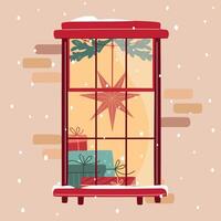 Christmas window decorated with lights, xmas star and fir branches, with pile of gift boxes on windowsill. Snowfall, warm Christmas or New Year atmosphere. Cozy winter evening vector