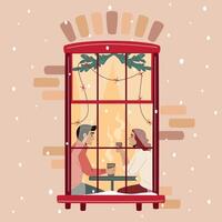 Christmas window, young couple drinking tea and talking with each other, sitting by a window decorated with lights and fir branches. Snowfall, Christmas atmosphere. Cozy winter evening vector