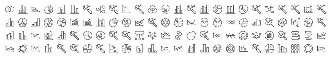 Magnifying Glass, Progress Bar, Pie Chart, Analytics Icon Set for UI, Placards, Books, Apps. Editable Stroke. Suitable for Web Sites, Books, Cards, Apps vector