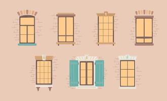 Set of modern and antique windows with part of wall with brickwork. Old town window frame. City architecture exterior, facade front view collection. Hand drawing illustration vector