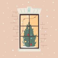 Christmas window with decorated x-mas tree and lights. Snowfall, warm Christmas or New Year atmosphere. Cozy winter evening vector