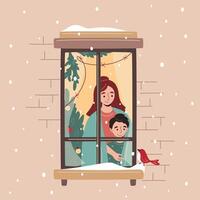 Christmas window, mother and son standing by window decorated with fir branches and lights and looking at bird outside. Snowfall, warm Christmas atmosphere. Cozy winter evening vector