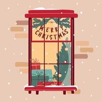 Christmas window decorated with garland Merry Christmas, lights, fir branches, with pile of gift boxes on windowsill and Christmas tree inside. Snowfall, warm Christmas or New Year atmosphere vector