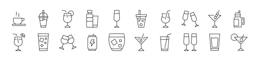 Collection of Icons of Alcoholic Drink, Energy Drink, Soft Drinks Drawn with Thin Line for apps, web sites, banners, infographics and other types of design vector