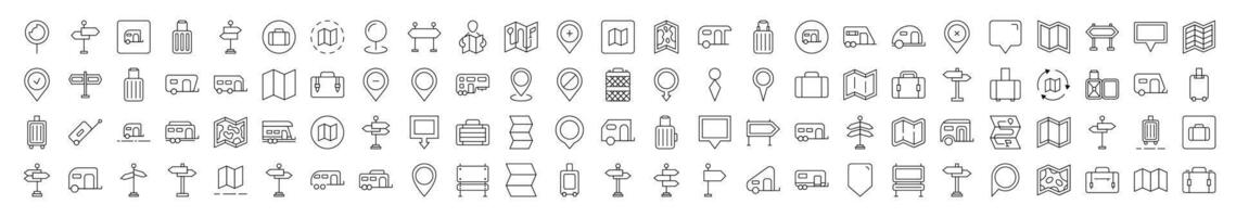 Motorhome, Map Pin, Baggage, Direction Pointer Pack of Thin Icons. Editable Stroke. Suitable for Web Sites, Books, Cards, Apps vector