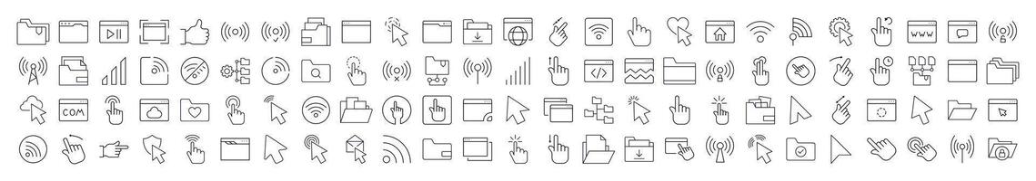 Computer Desktop Line Icon Set. Modern Collection for Design, Web Sites, Apps, Cards. Contains Linear Images of Cursor, Wi Fi Waves, Folders, Web Pages vector