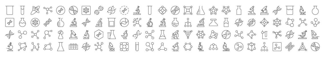 Chemistry Line Icon Collection. Modern Collection for Design, Web Sites, Apps, Cards. Contains Linear Images of Chemical Compound, Laboratory Bulbs, Atom vector