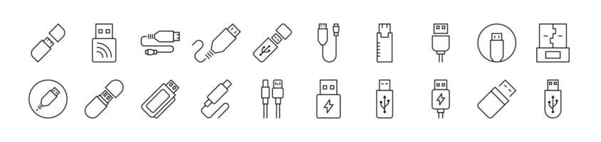 USB Cable Line Icon Collection. Editable Stroke. Minimalistic Linear Pictogram for Design of Cards, Apps, Banners, Posts vector