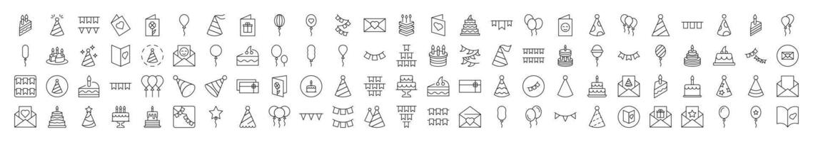 Cake, Holiday Hat, Postcard, Garland, Balloon Outline Simple Linear Image Collection. Editable Stroke. Suitable for Web Sites, Books, Cards, Apps vector