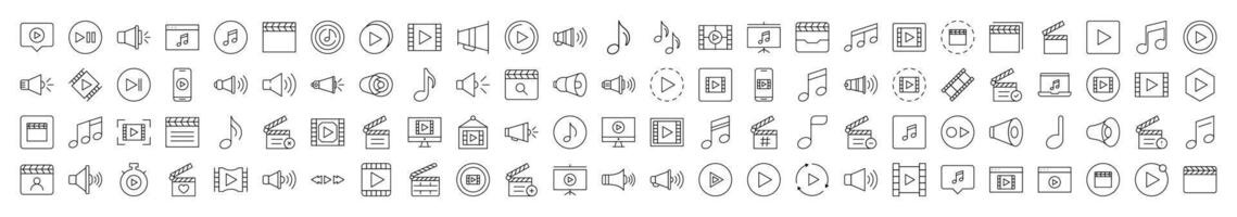 Clapperboard, Musical Note, Loud Speaker Media Player Thin Line Icon Set. Editable Stroke. Suitable for Banners, Cards, Social Networks, Apps vector