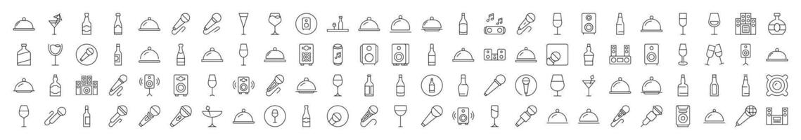 Cocktail, Bowl with Cloche, Bottle, Loud Speaker Minimalistic Images Drawn with Thin Line. Collection of Various Design Elements that Can Be Used for Apps, Articles, Web Sites, Social Media vector