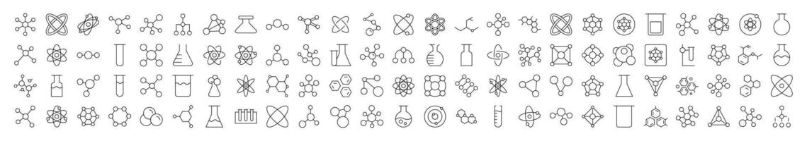 Pack of Science Related Line Icons. Editable Stroke for Design, Web Sites, Apps, Cards. Contains Linear Images of Chemical Compound, Atom, Laboratory Bulb vector