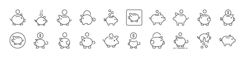 Piggy Bank Outline Sign Collection. Editable Stroke. Perfect for Infographics, Articles, Books, Flyers, Banners vector