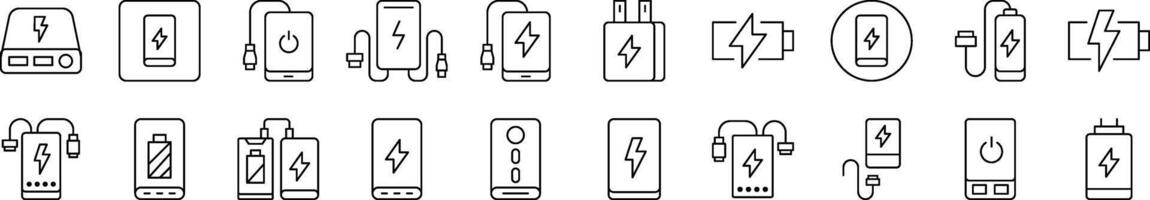 Bundle of Line Icons of Energy, Charger, Battery. Editable Stroke. Minimalistic Linear Pictogram for Design of Cards, Apps, Banners, Posts vector