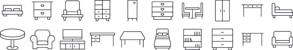 Table, Closet, Mirror, Chair and Table Line Icon Collection. Editable Stroke. Minimalistic Linear Pictogram for Design of Cards, Apps, Banners, Posts vector
